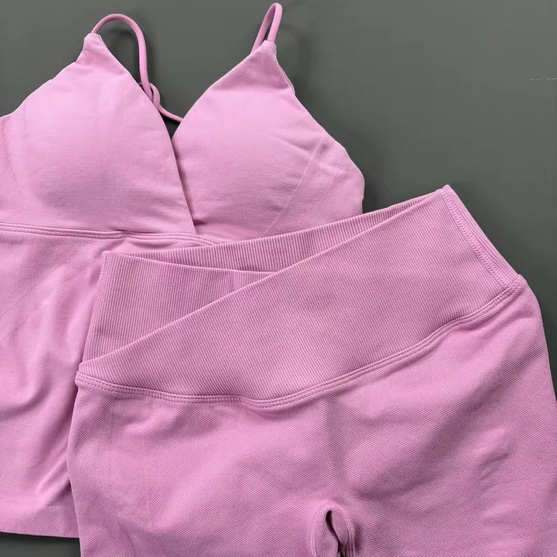 HISTELLO Vision Sportsets für Damen Nahtloses Twist-Front Longline-Top Bauchkontrolle Cross-Shorts Anzug Biker Gym Workout-Set – Detail 9