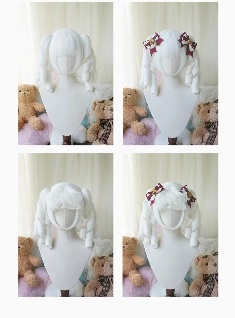 Parrucca sintetica a rotolo romano bianco/rosa Parrucca Bobo femminile elegante retrò Lolita con frangia dritta con parrucca da festa con fermaglio per capelli tigre a rotolo romano