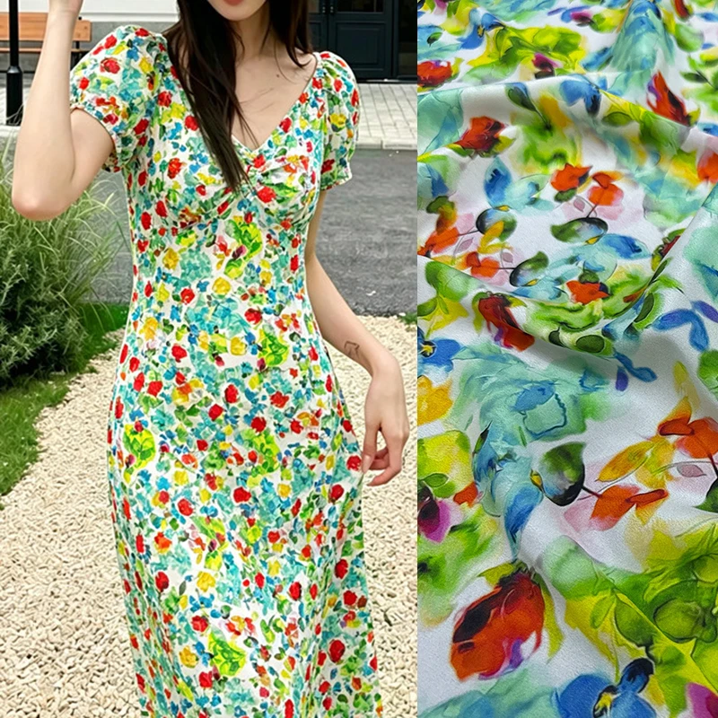 Colorful Floral Printed Stretch Blue Green Silk Crepe de Chine Fabric for DIY Sewing Summer Dress Pajamas Silk Fabric FR7064