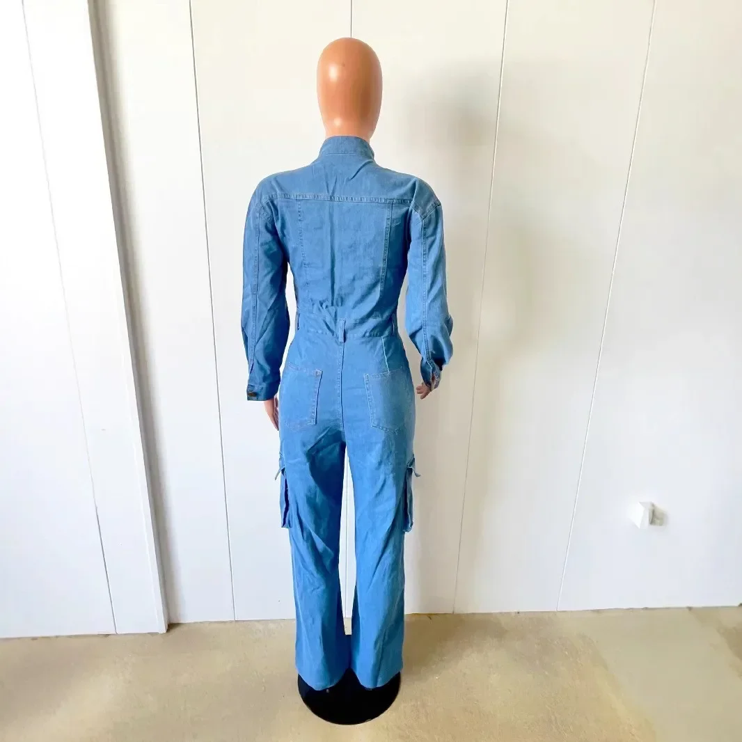 Zekye macacões femininos multi bolsos estiramento jeans carga macacão feminino turn down collar macacão feminino elegância