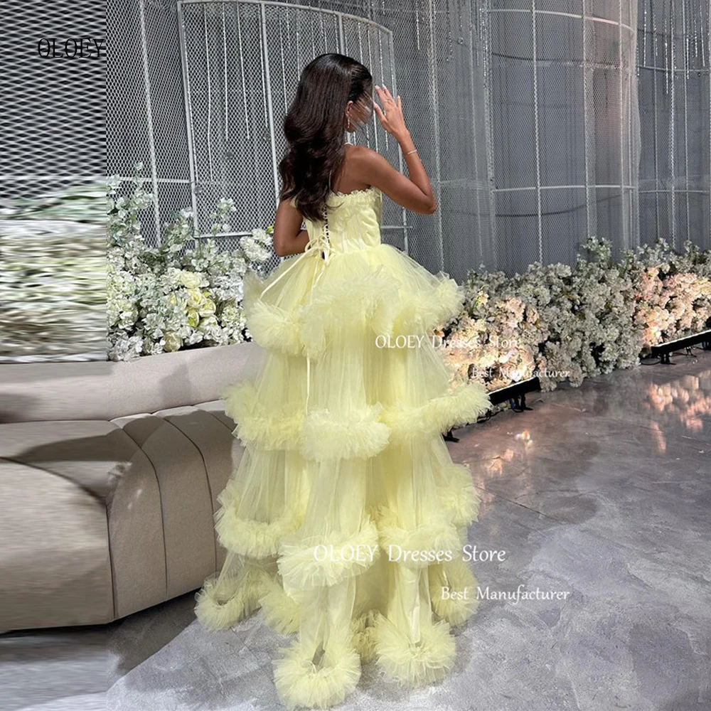 

OLOEY Saudi Arabic Women Light Yellow Ruffles Soft Tulle Prom Dresses Spaghetti Straps Pleats Corset Evening Gown Elegant