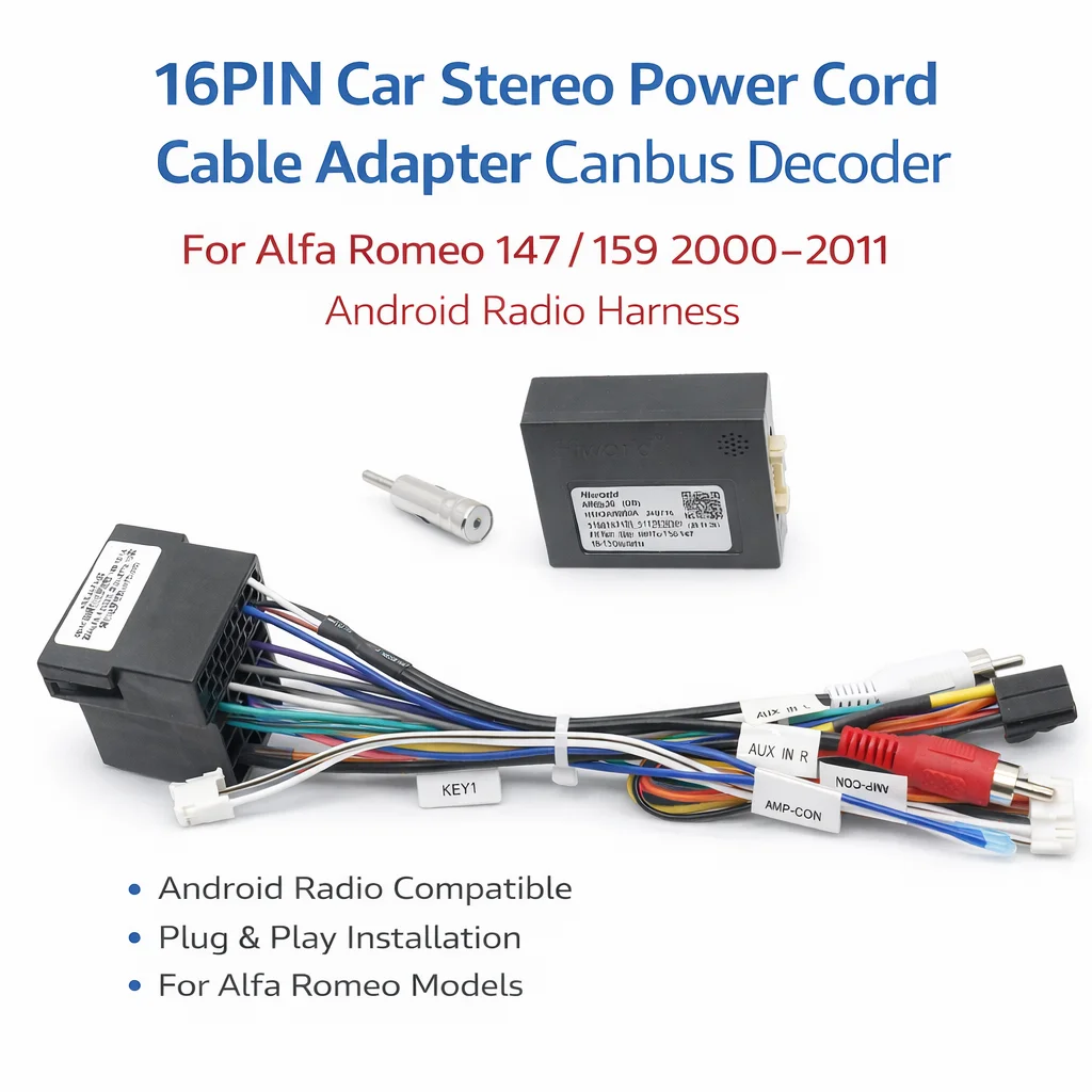 16PIN Car Stereo Power Cable Adapter Canbus Decoder for Alfa Romeo 147 159 2000-2011, Android Radio Wiring Harness