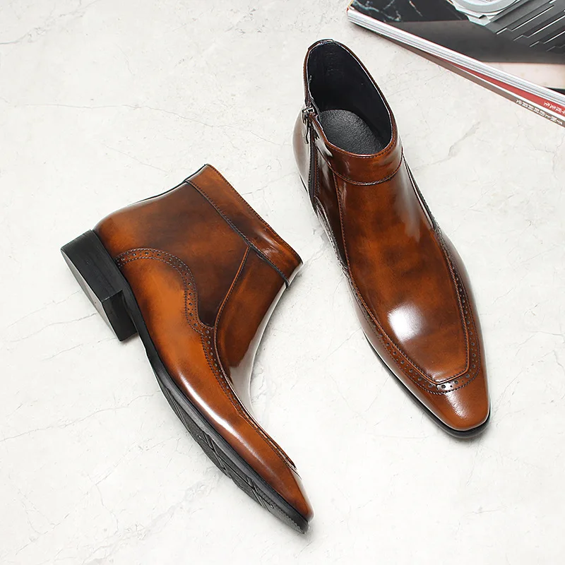 

Trendy British Style Leather Boots Men Zipper Boots Cowhide Boots