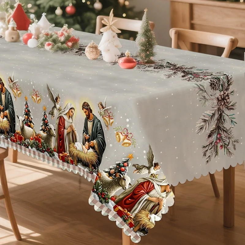 A Sacred Style Christmas Tablecloth Depicting the Birth of Jesus, A Christmas Table Decoration
