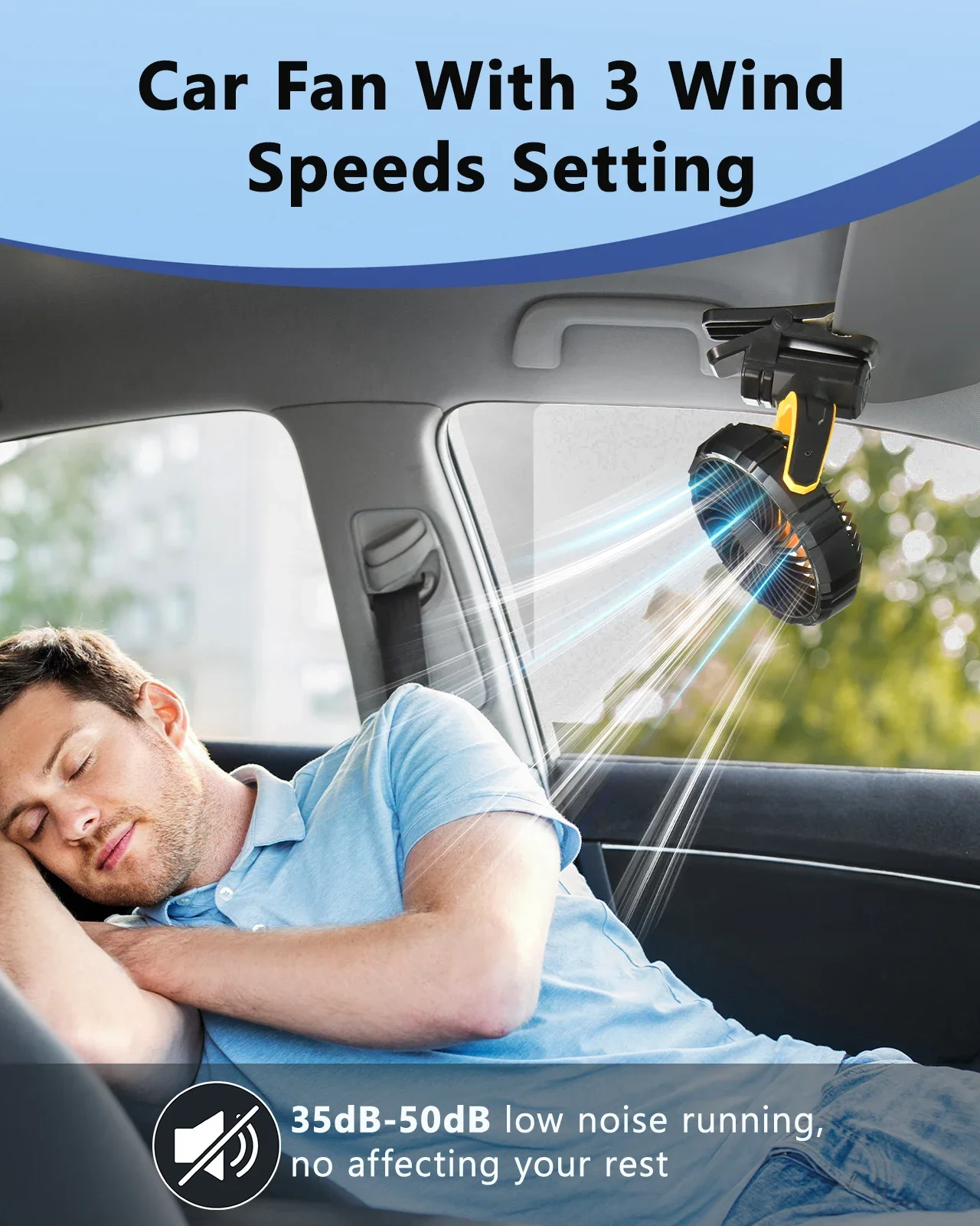 مشبك سيارة محمول من إياري على مروحة بطارية 2000 مللي أمبير في الساعة قوية 3 سرعات هادئة 900 ° تدوير مروحة تبريد صغيرة قابلة لإعادة الشحن عبر USB للسيارة الإلكترونية #5