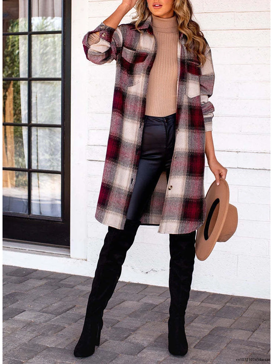 

Women's Woolen Plaid Coat Lapel Collar Long Sleeve Buttons Contrast Color Lattice Long Jacket Garment Autumn Winter Overcoat