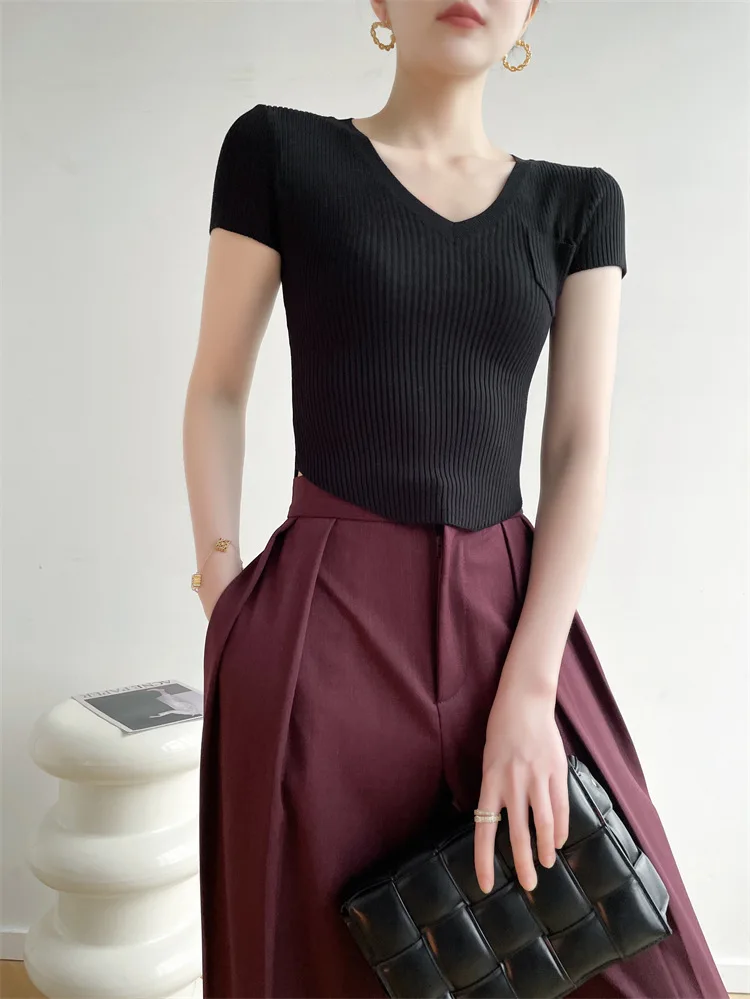 7066 Summer New Pure Desire Sweet Age-Reducing Deep V-Neck Pocket Irregular High-Waisted Short Slim Sexy T-Shirt For Women