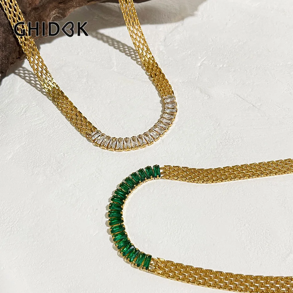 Ghidbk Vintage 18K pozłacane Mesh Choker naszyjnik z zielonym białym cyrkonią bagietka ze stali nierdzewnej Cz anty Tarnish biżuteria