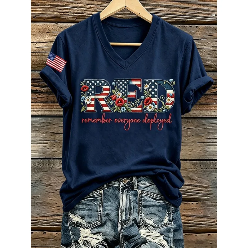 New Arrival Women's Red Friday Print T-Shirts Summer V Neck Tops Short Sleeve Casual Remember Everyone Deployed Tees