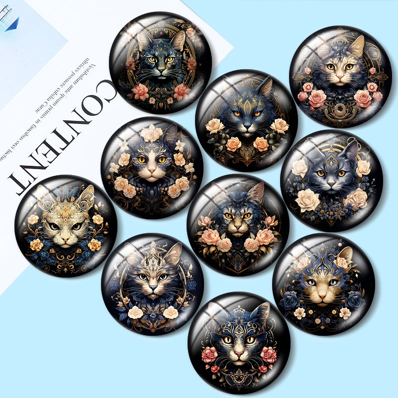 Cute Cat with Flowers Clipart 10pcs 12mm/18mm/20mm/25mm Round photo glass cabochon demo flat back Making findings