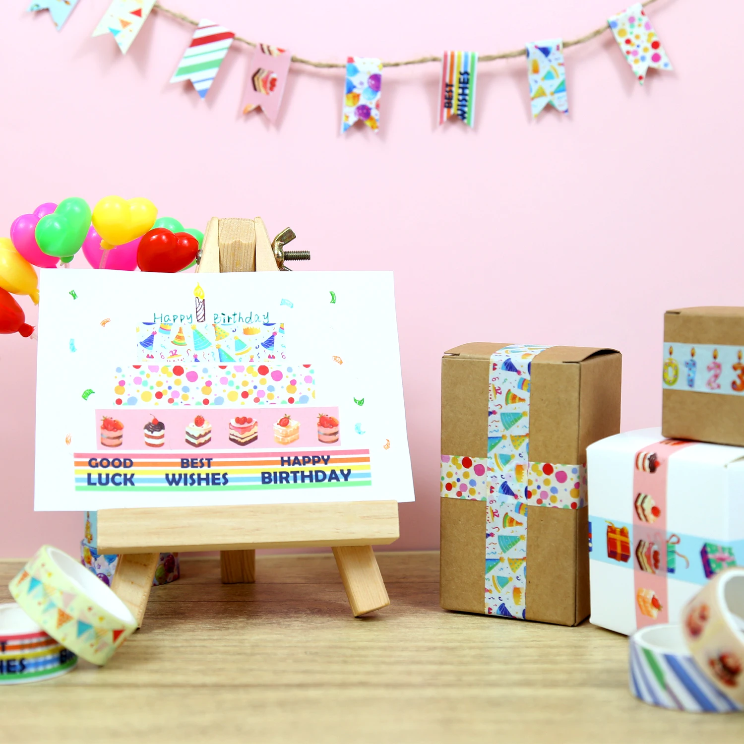 Buon compleanno Washi Tape Set,12 rotoli colorati buon compleanno nastro decorativo torta candele palloncini nastro adesivo per Journaling