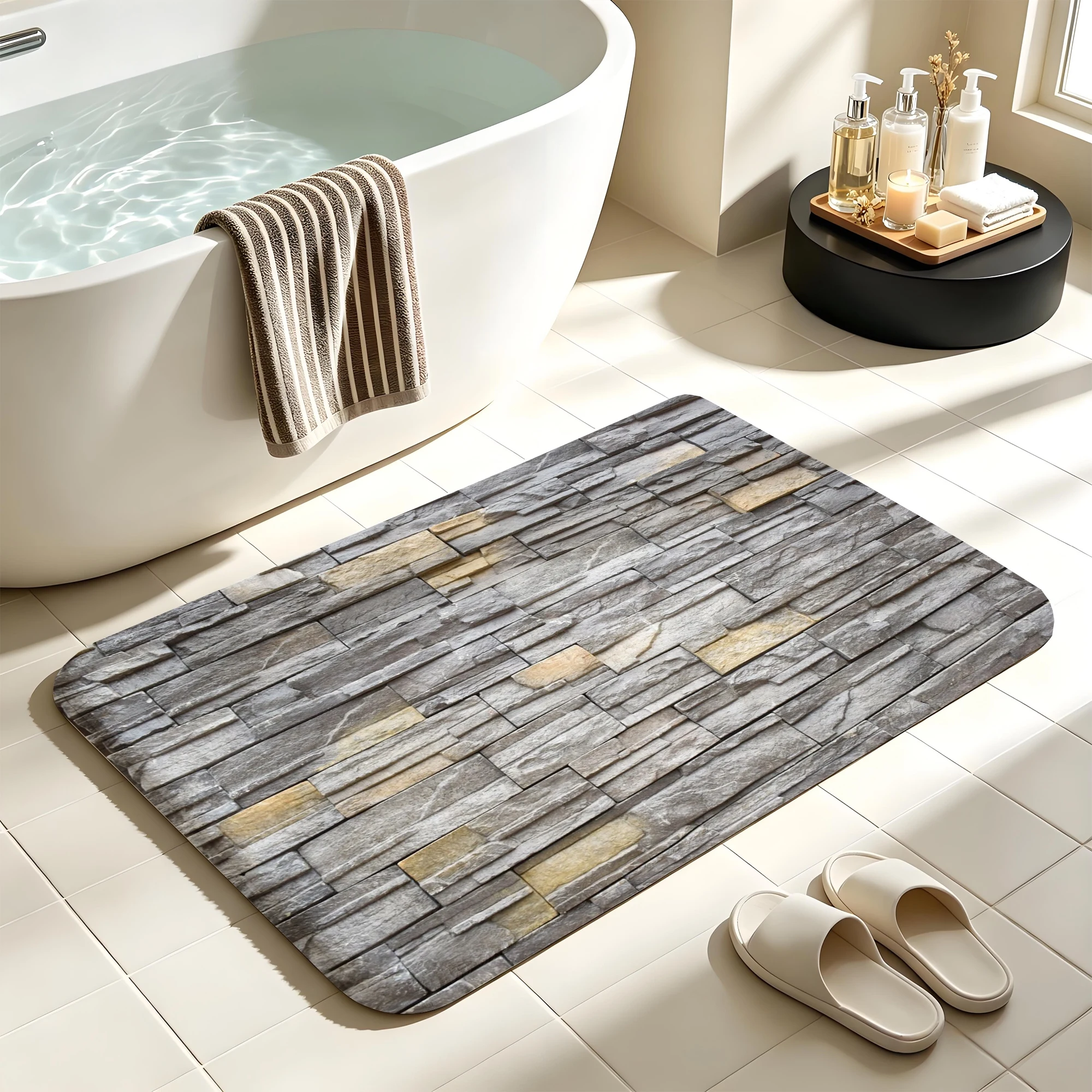 Grey Slate Stone Brick Bath Mat Water Absorbent Quick Dry Anti-Slip Shower Rug Floor Carpet for Bathroom Home Decor