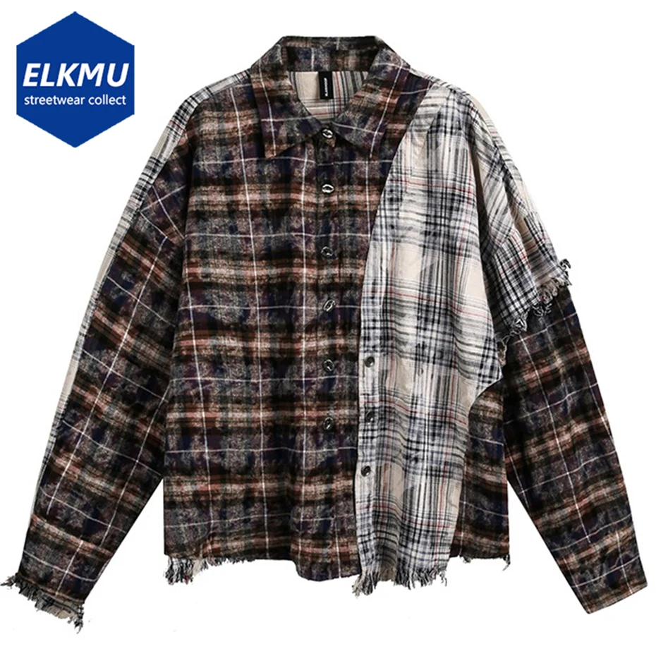 

Vintage Patchwork Plaid Shirts Oversized Long Sleeve Shirts Button Up Blouse Men Streetwear Harajuku Hip Hop Shirts