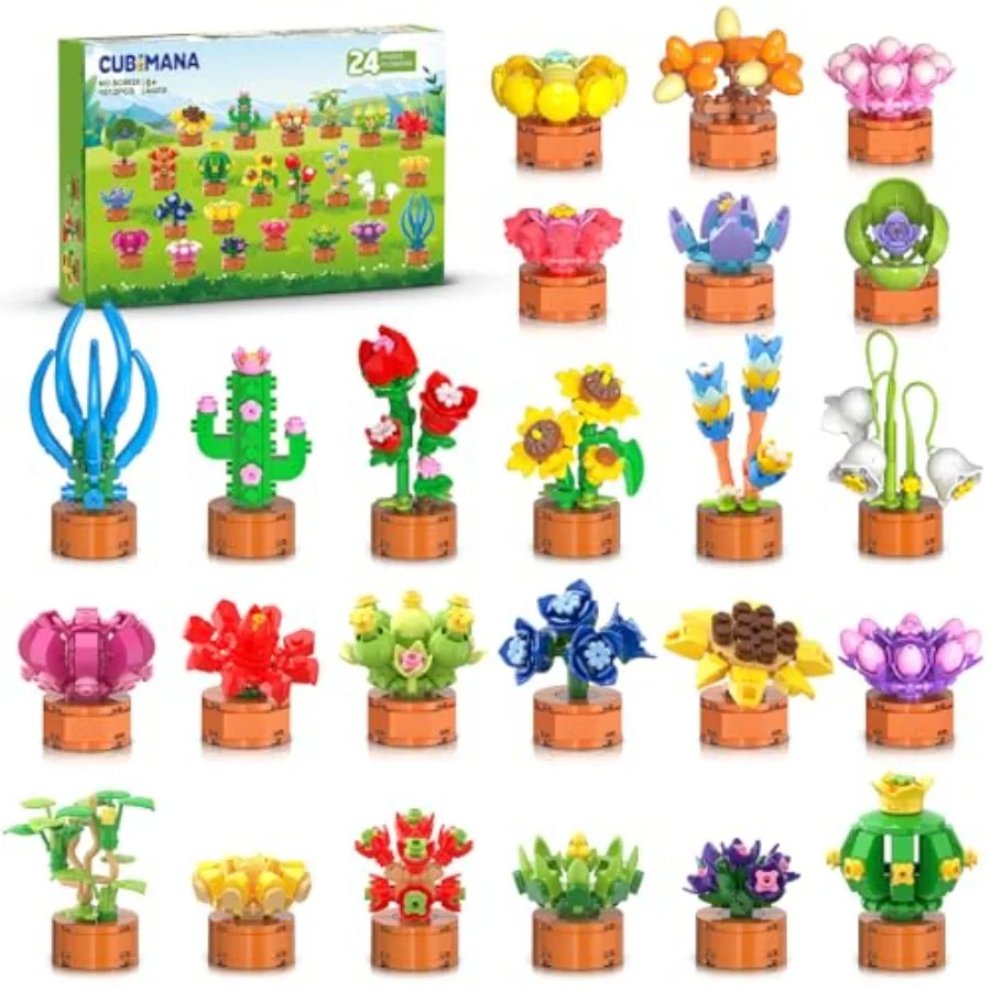 

24 Pack Flowers Succulent Party Favors for Building Set - 1012pcs Botanical Bonsai 3.6mm Mini Building Blocks Toy for Easter Ba