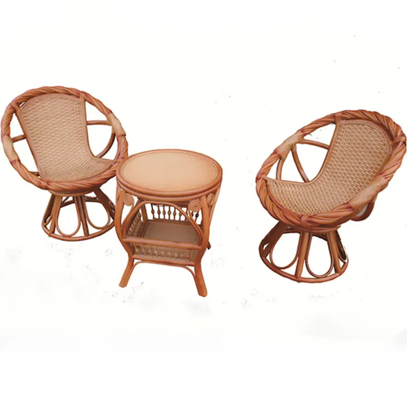 Real Rattan Chair Balcony Table and Chair Tea Table Three-Piece Set Combination Rattan Swivel Chair Backrest Leisure Rattan