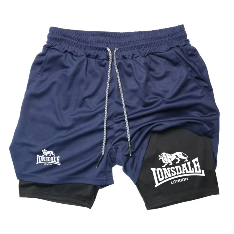 Impressão 2 em 1 shorts de corrida para homens ginásio treino shorts de compressão com bolso do telefone toalha loop verão esporte atlético activewear