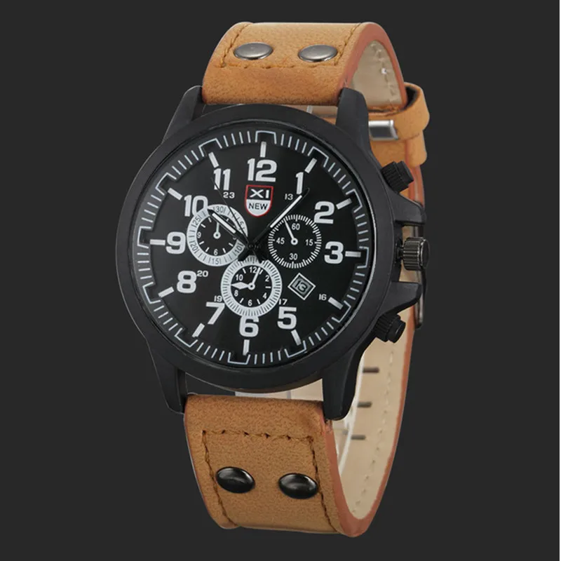 

Натуральные брендовые мужские часы XINEW, черные студенческие модные повседневные кожаные ремешки, спортивные военные кварцевые часы с датой, Relogio Masculino