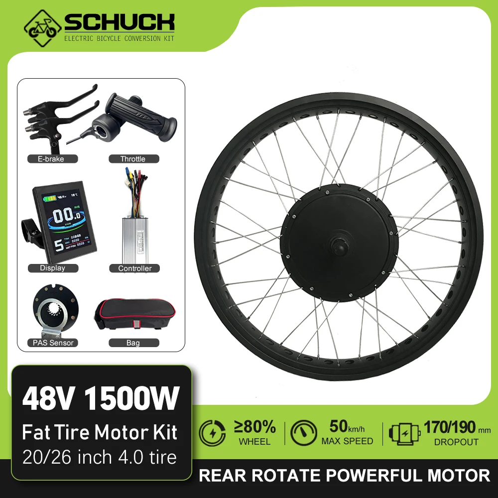 48V 1500W E-bike Conversion Kit Brushless Gearless 20 26 inch Fork 170/190mm Rear Rotate Hub Motor For 4.0 Fat Tire Motor Kit