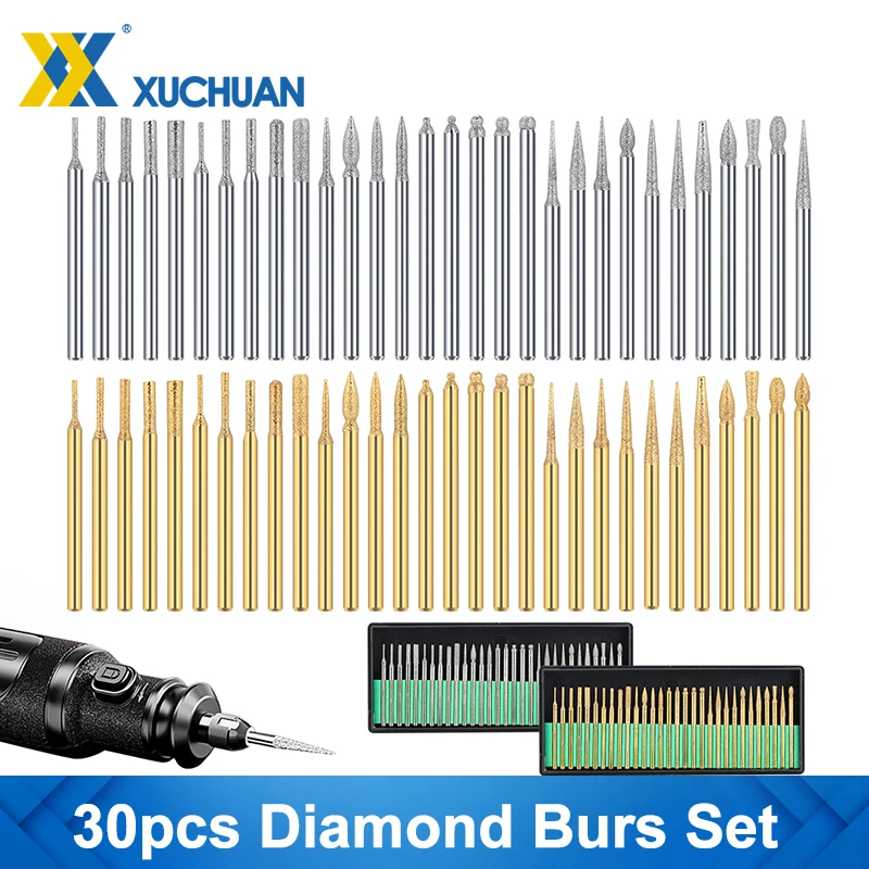 

30pcs Diamond Burr Bits 3.0mm Shank Abrasive Drill Bit Set With Box for Dremel Electric Grinder Power Accessories Rotary Tools