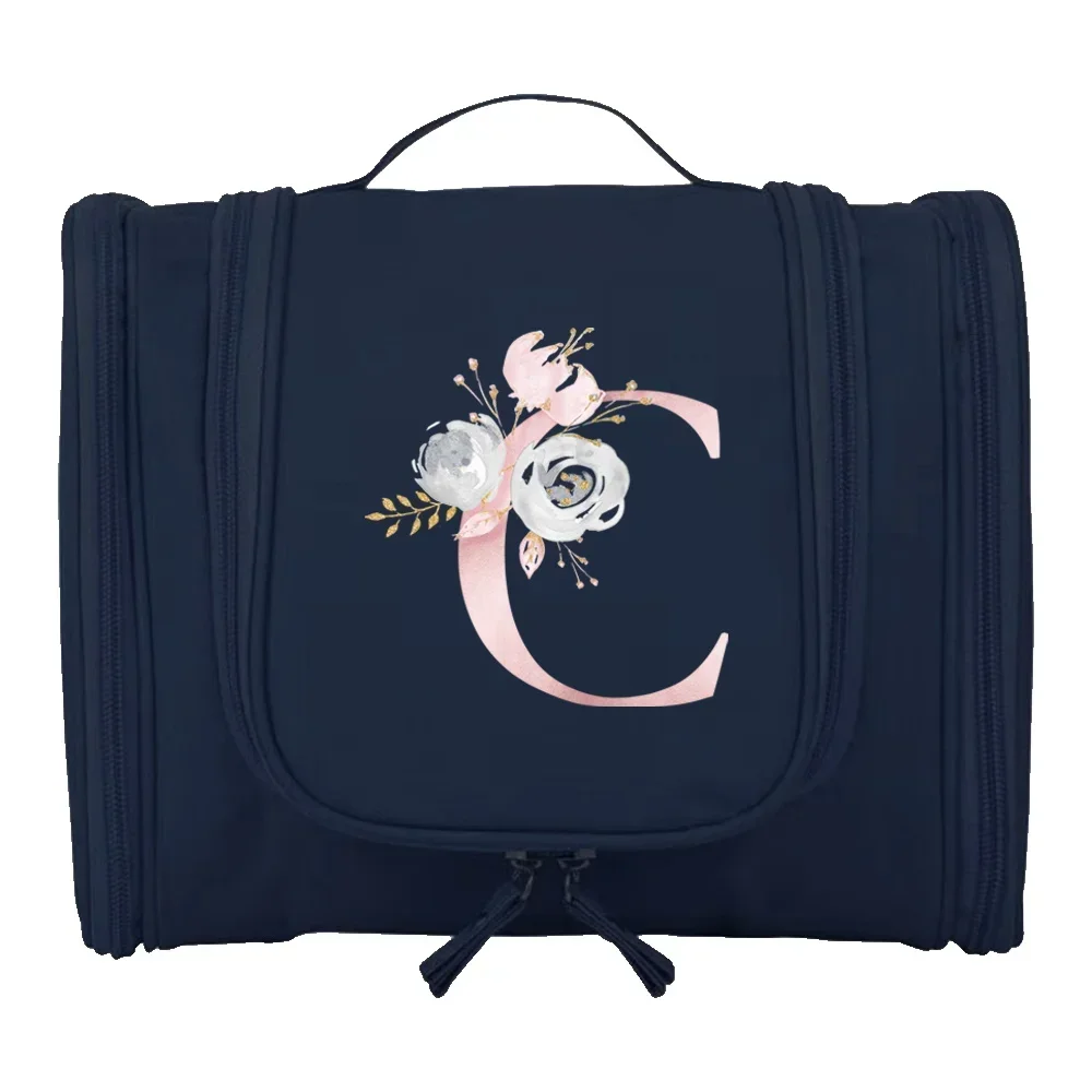 Bolsas de almacenamiento de artículos de tocador de lavado para mujer, bolsa organizadora de viaje colgante, patrón de iniciales de flor rosa, bolsa