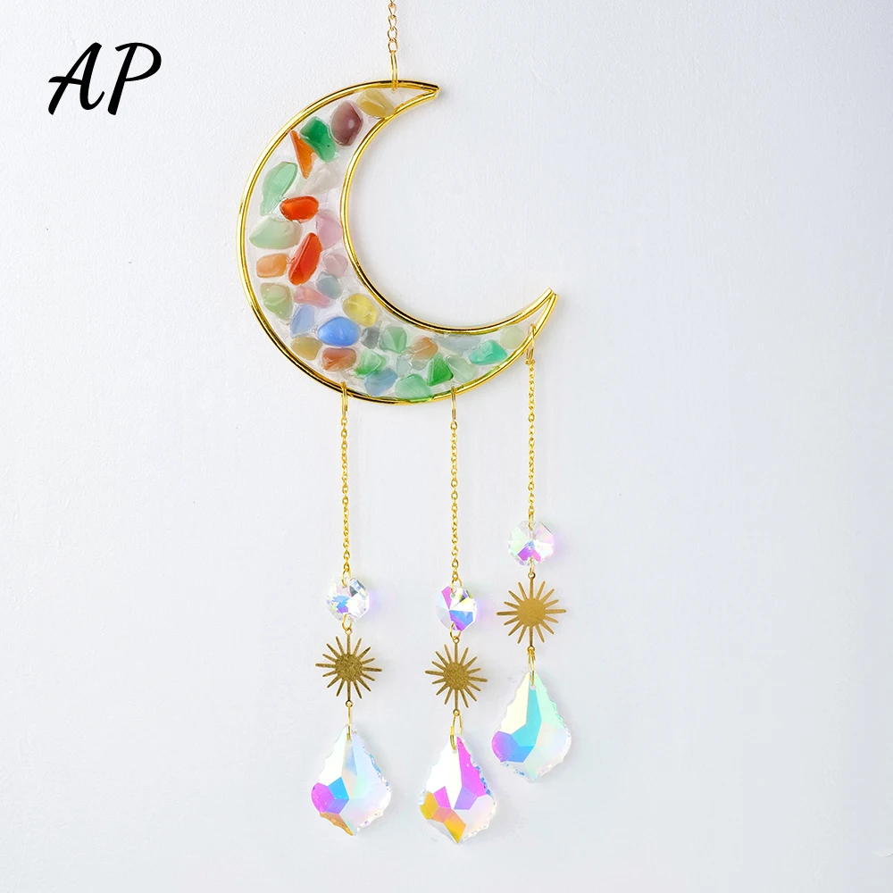 Natural Crystal Gravel Wind Chime Moon Shape Sun Catcher Hanging Curtain Crystal Tumble Stone Windchimes Garden Decoration