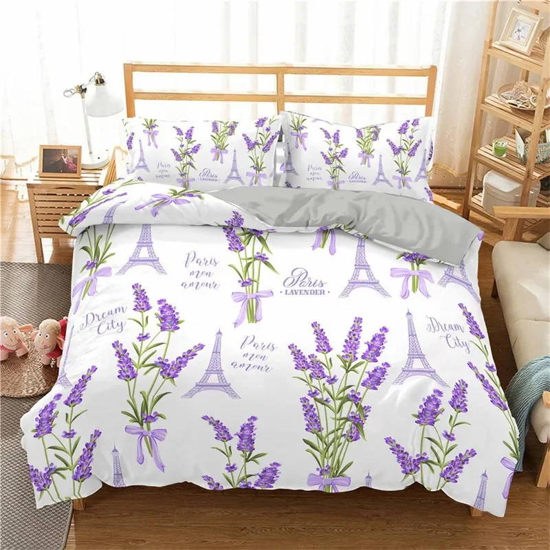 Lavender Duvet Cover Microfiber Purple Flower Bedding Set Romantic Theme Comforter Cover King Size Eiffel Tower Bedspread Cover