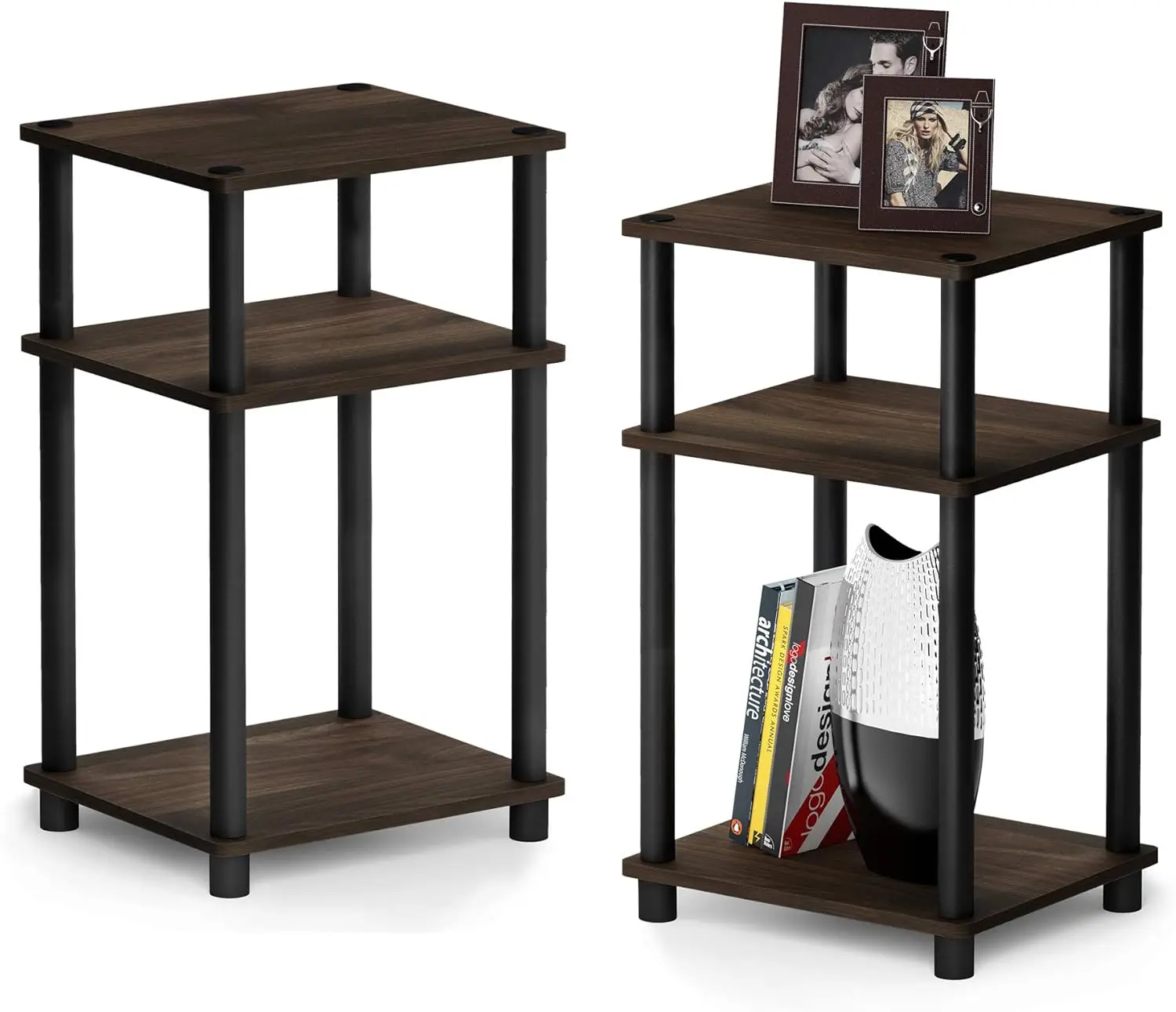 

Just 3-Tier Turn-N-Tube End Table / Side Table / Night Stand / Bedside Table with Plastic Poles, 2-Pack, Columbia Walnut/Black