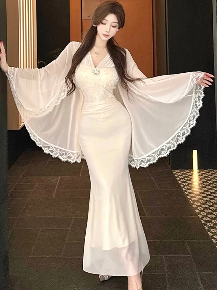 

2025 White Patchwork Jacquard Dianmonds V-Neck Sexy Dress Women Elegant Luxury Gown Autumn Winter Korean Bodycon Evening Dresses