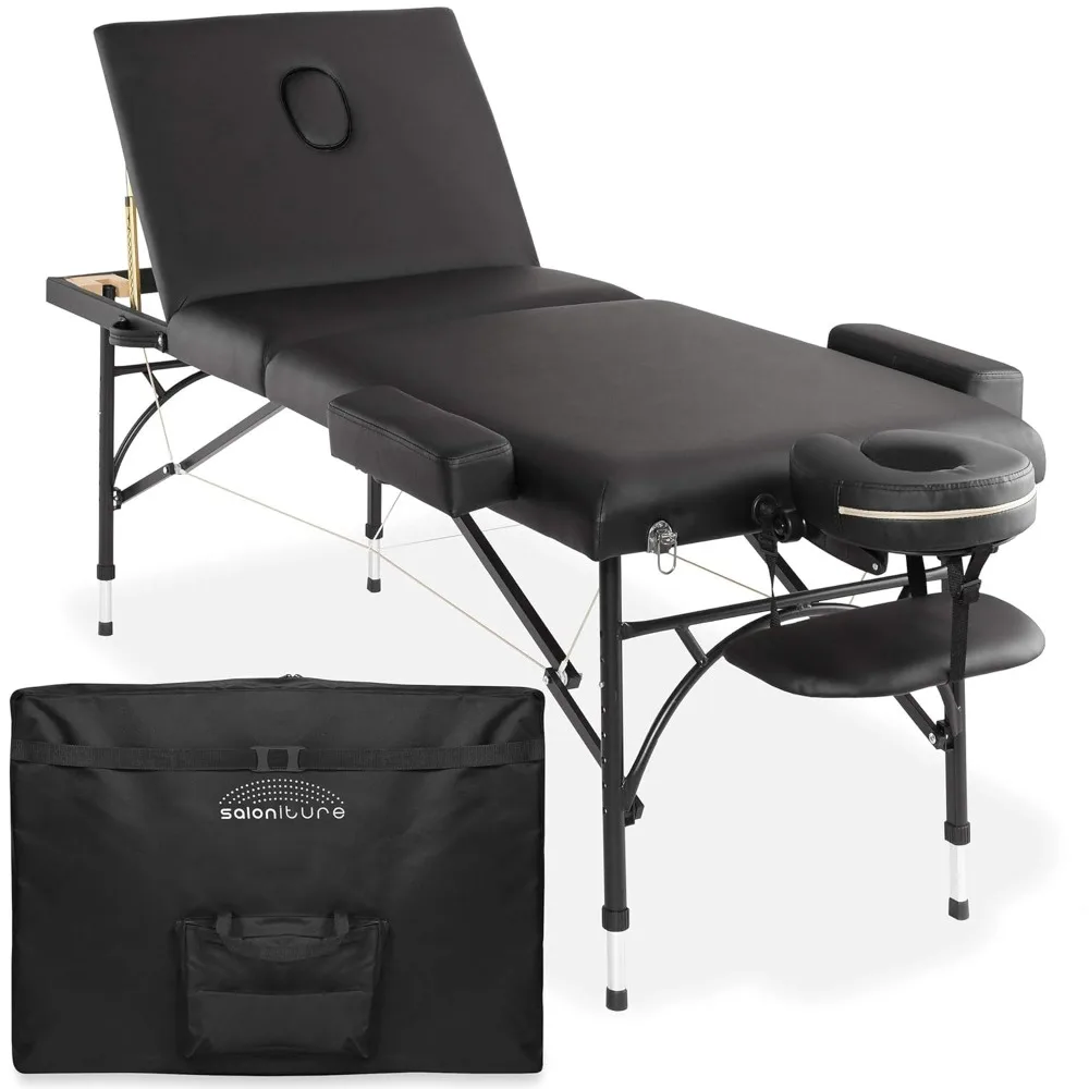 

Portable lightweight triple fold massage bed with aluminum legs - including headrest, face frame, armrest, and carrying case