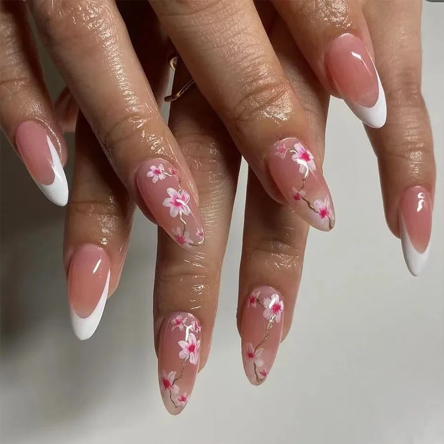 

24pcs Medium Oval Press on Nails Blush French Peach Blossom False Nail for Women&Girl Removable Wearable Nail Daily Wear