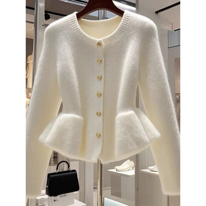 

Elegant Goddess Style French Top Autumn Winter New Round Neck Waist-Cinching Ruffled Long Sleeve Sweet Knitted Cardigan