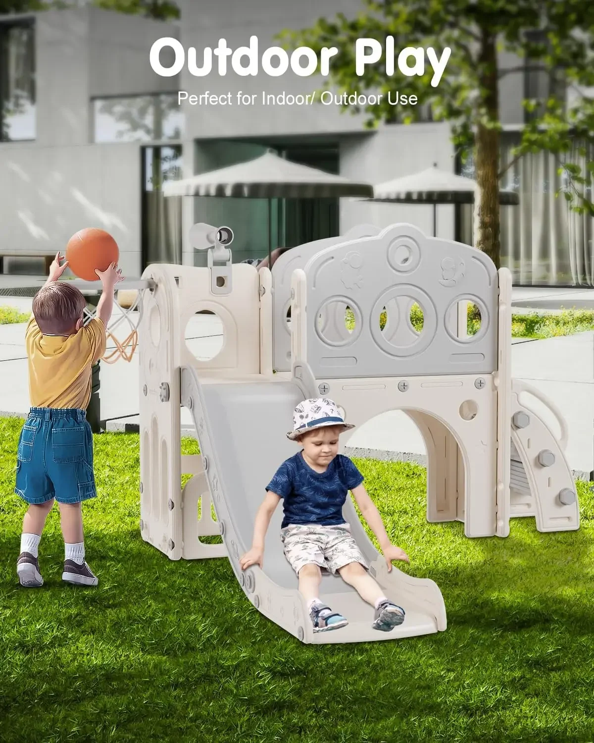 Slide, 8 in 1 Kids Slide with Basketball Hoop, Telescope and Climber, Baby Slide Toddler Playground, Indoor Outdoor Play