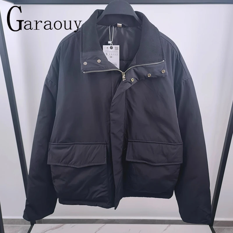 Garaouy 2024 Winter Men Simple Solid Loose Lapel Long Sleeve Thicken Jacket Male Zip Pocket Parka Coat Patchwork Cargo Outwear