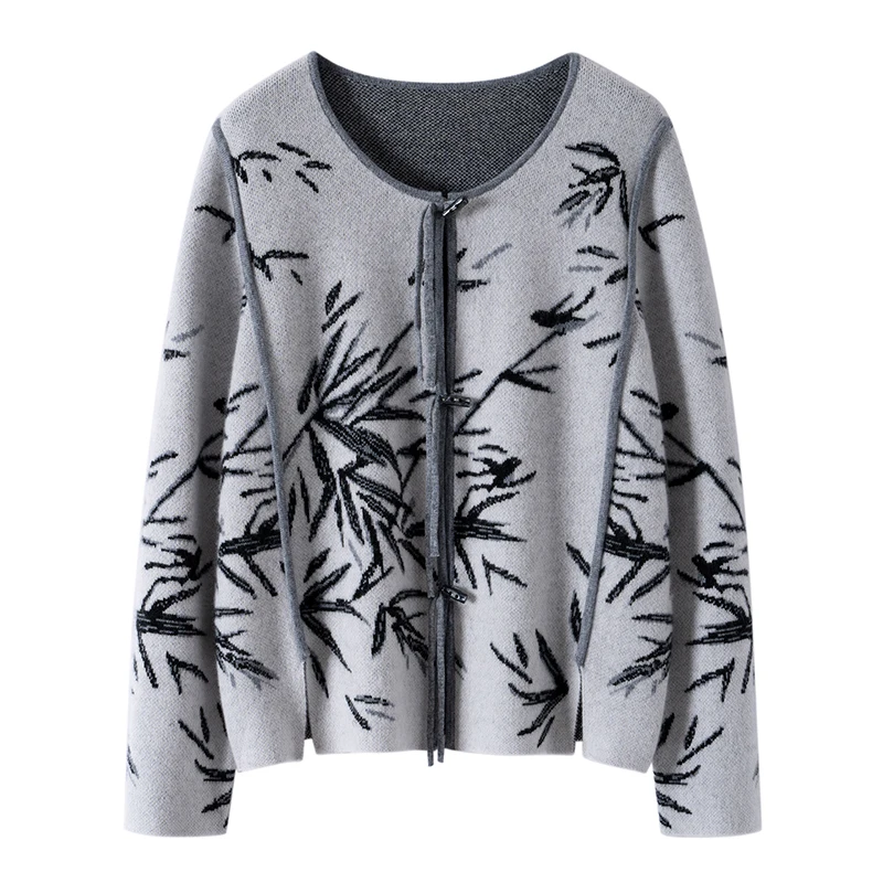 New Chinese Style Women's Suite Cardigan Skirt 100% Cashmere Sweater Clothes Winter Warm Knit Set Two Piece Elegant Dress Bamboo