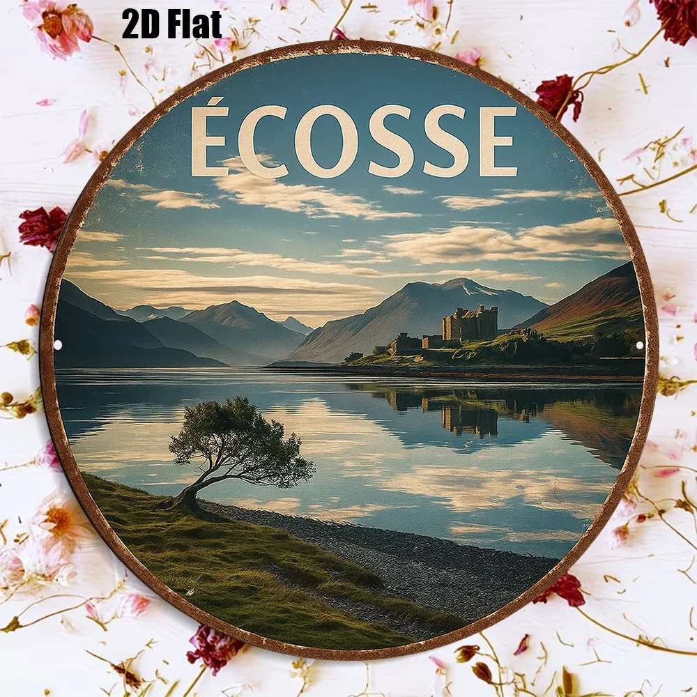 2D Flat, 1pc 8x8in/20x20cm 2D Flat Round Aluminum Sign, Vintage Aluminum Plaque Featuring Scottish Scenery, Scottish Castle and
