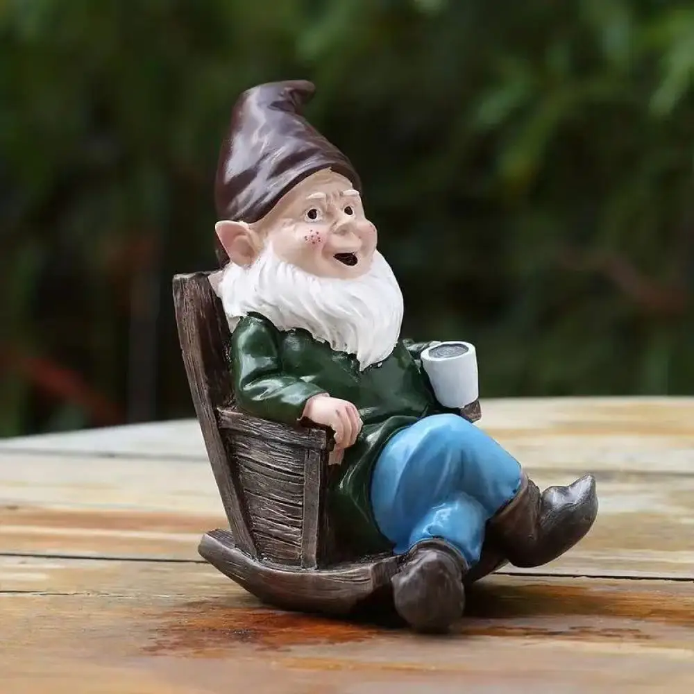 Creative Resin Rocking Chair Gnome Ornament Coffee Cup White Beard Man Figurine Garden Lawn Home Decor Birthday Presents