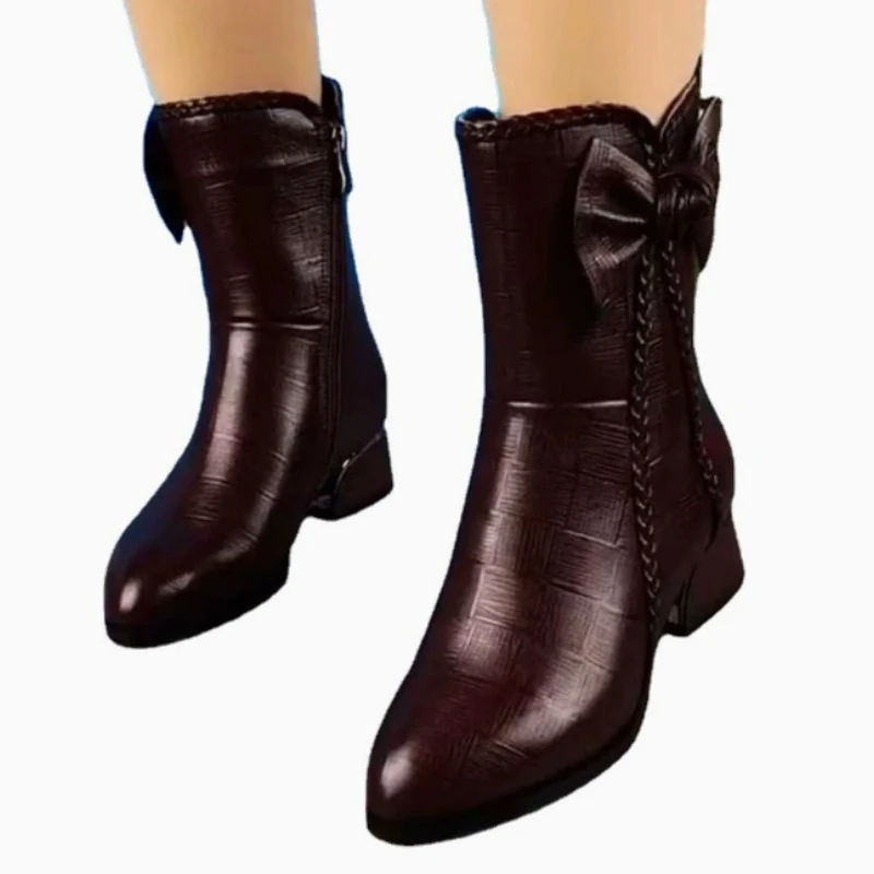 Cowboy Boots for Women High-top Faux Leather Winter Shoes Retro Womens Boots Heeled Ankle Boot Western Warm Plush Botas De Mujer