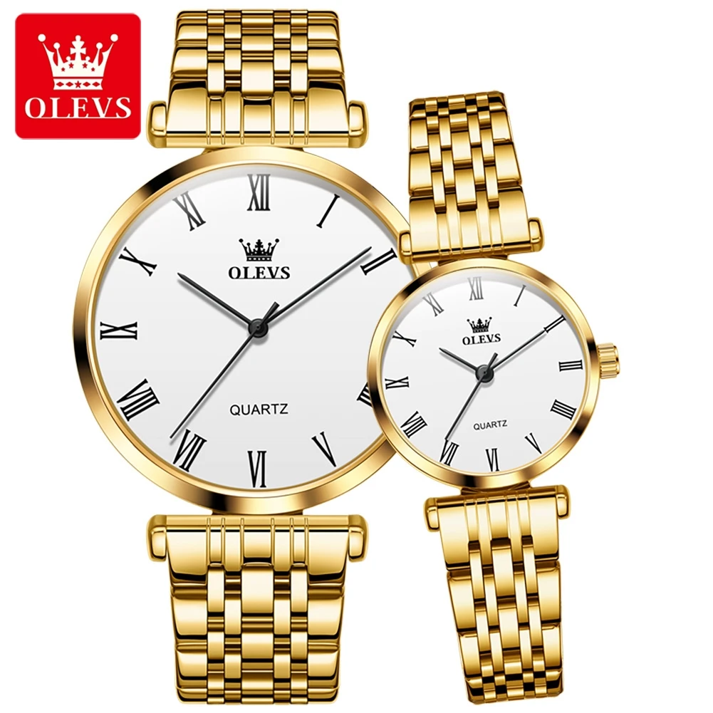 OLEVS Brand 2024 New Luxury Gold Couple Watch for Men Women Stainless Steel Strap Waterproof Fashion Quartz Watches Lovers