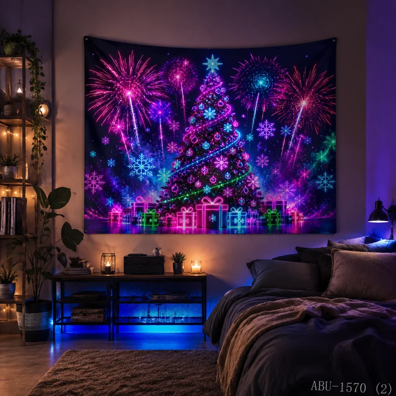 VIKAMA Retro Pixel Style Neon Christmas Tree Gift Box Mirror Christmas Tapestry Background Hanging Cloth Living Room Decoration