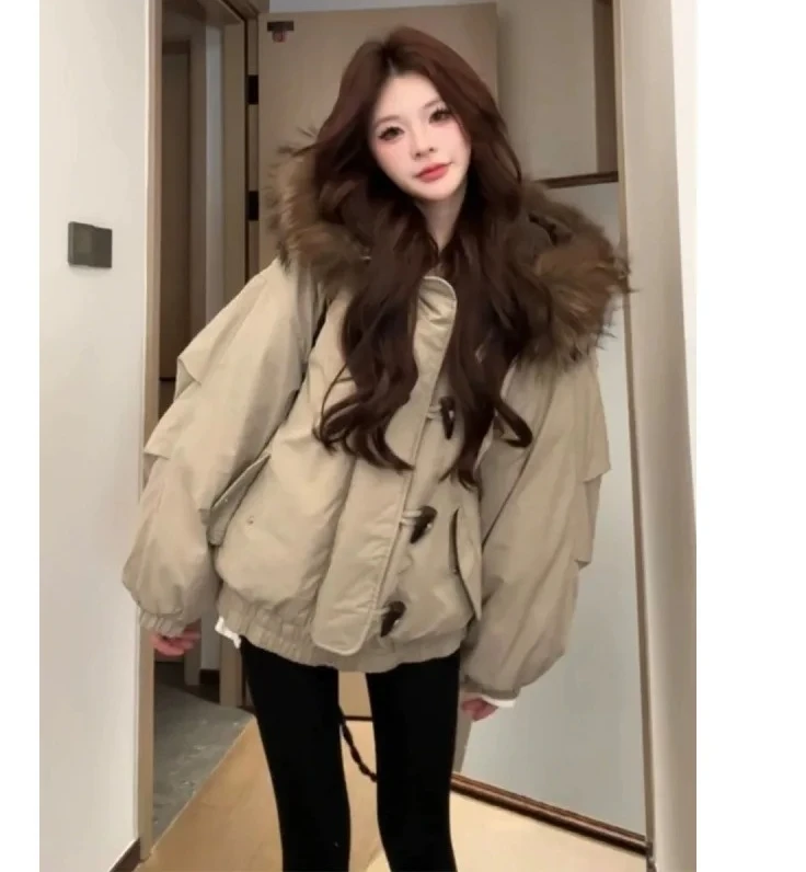 

New Women ClothingWinter Hooded Loose Women Thickened Cotton Jacket Fur Collar Horn Buttons Korean Style Long Sleeve
