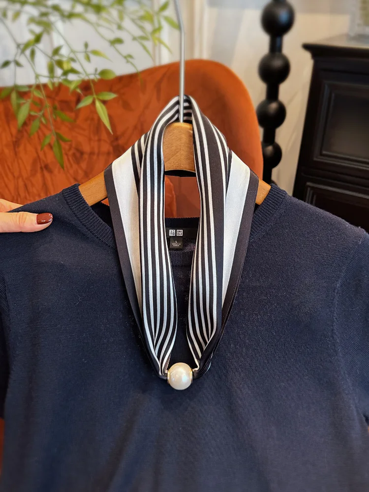 シルクスカーフ-パールマグネットクラスプネックレスペンダント-ネックサポート-00-桑絹-レイジースモールスカーフ-多機能ストライプ柄-レディース