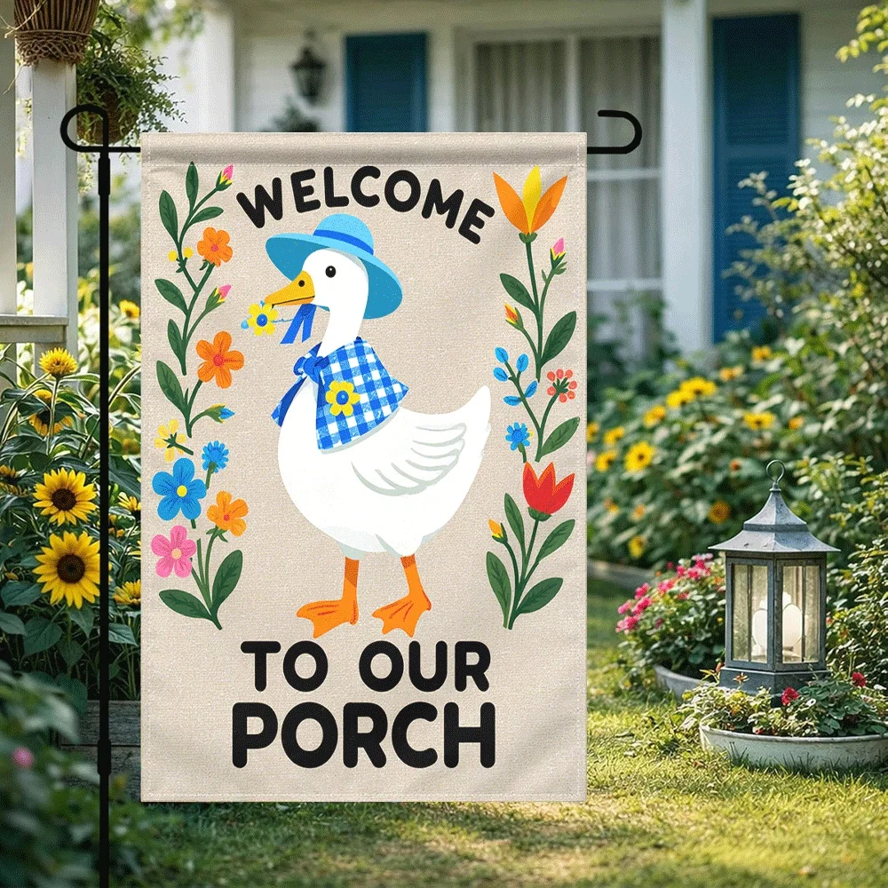 

1PC Welcome to Our Porch Garden Flag Cute Duck with Floral Print Double Sided Outdoor Decorative Yard Flag for