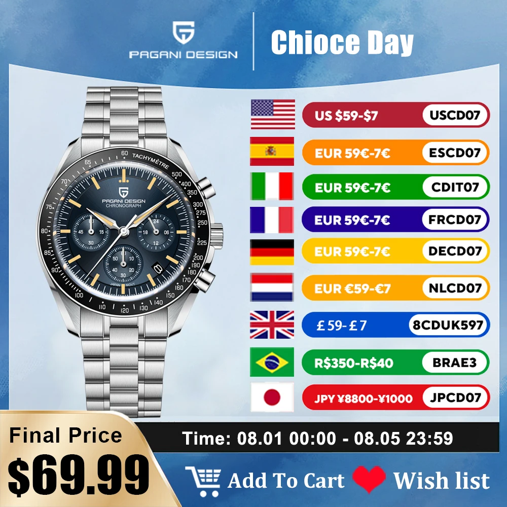PAGANI DESIGN 2025 New Moon Men's Watches Luxury Quartz Watch For Men VK63 Chronograph AR Sapphire Mirror Ceramic Bezel Luminous