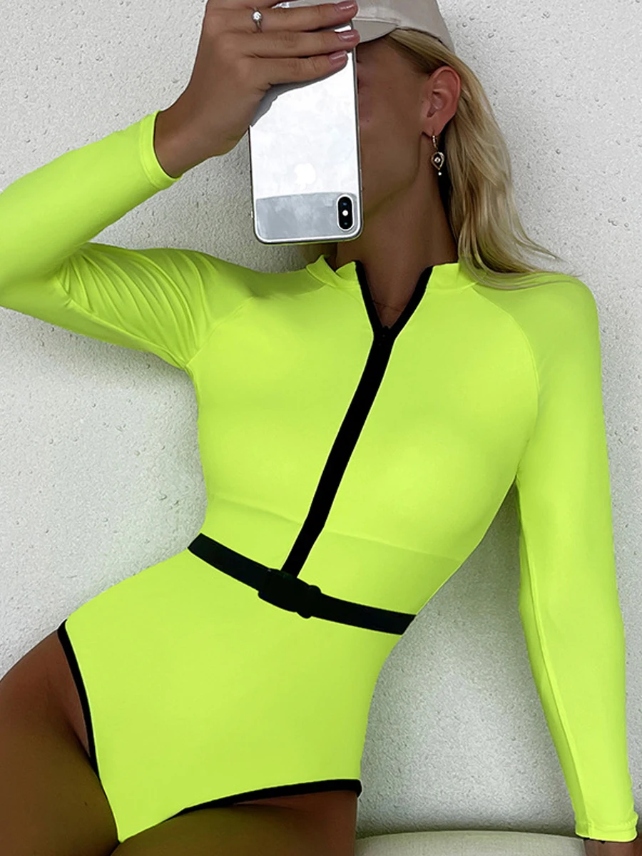 Half Zipper Surfing Solid Swimsuit Women One Piece Long Sleeve Bathing Suit Women Green Swimwear Padded Rashguard Diving Clothes