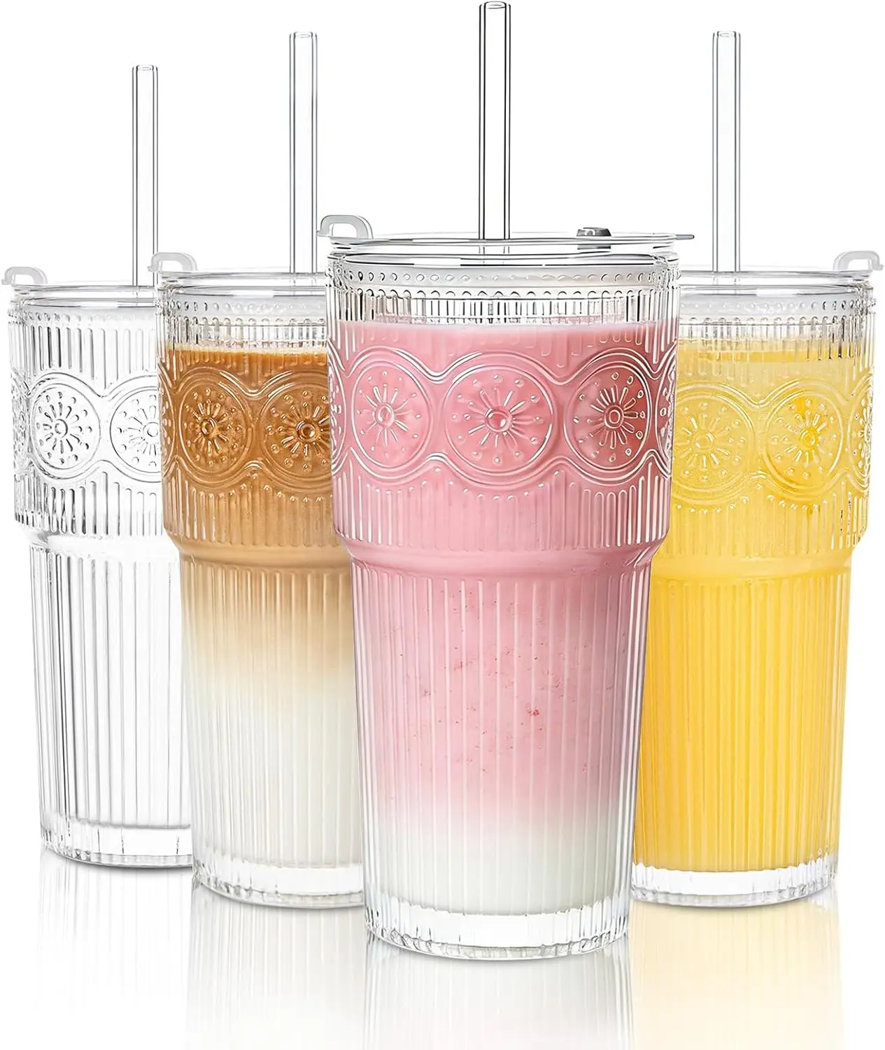 

20oz Ribbed & Floral Glass Tumbler Set of 4 – Reusable Glass Cups with Lid and Glass Straw, To-Go