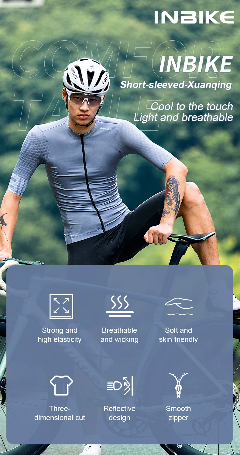 INBIKE Herren-Radtrikot, Rennrad-Shorts, Radfahren, kurzärmelig, durchgehender Reißverschluss, Trägerhose, atmungsaktiv, Sommer-Radtrikot-Set – Detail 2