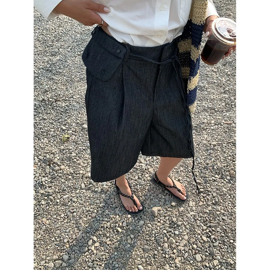 Classic High Waist Wide Leg Jeans orts Women's Summer Loose Feel Pants with Waist Bag Korean Sle Polyester Cotton Blend