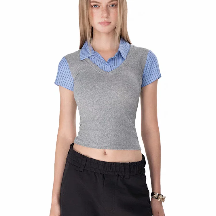 قميص ZBZR الربيعي الجديد ذو الطراز الأمريكي الرجعي، قميص نسائي قصير الأكمام بتصميم مرقّط، ياقة بولو، نمط مخطط، مناسب للجسم.