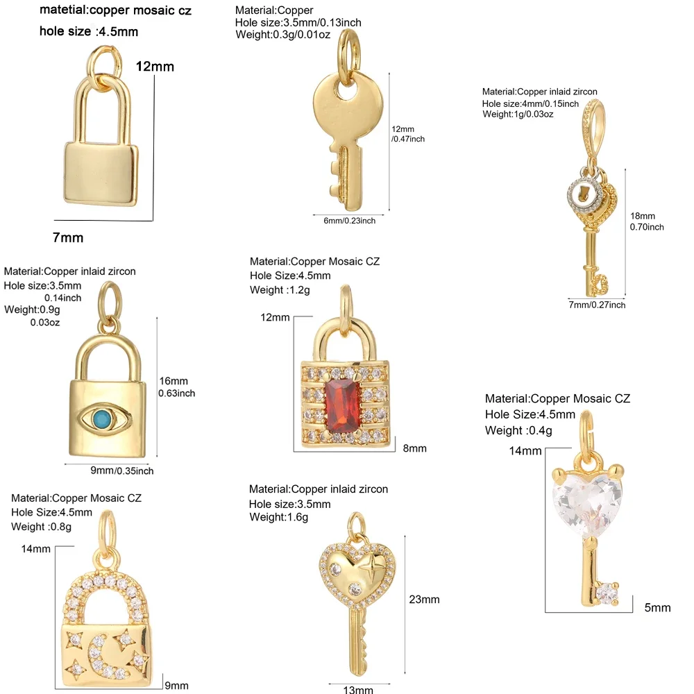 Cute Heart Key Lock Charms for Jewelry Making Supplies Accessories Diy Necklace Bracelet Jewelry Charm Copper CZ Zircon Pendant