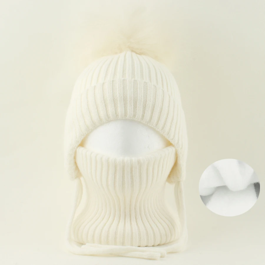 Winter-Wollmütze mit Nackenschutz 2-teiliges Set Echte Fuchsfell-Mütze für Kinder Jungen Mädchen Dicke Fleece Warme Gestrickte Gestreifte Ohrenklappe Baby Skullies Mütze – Detail 16